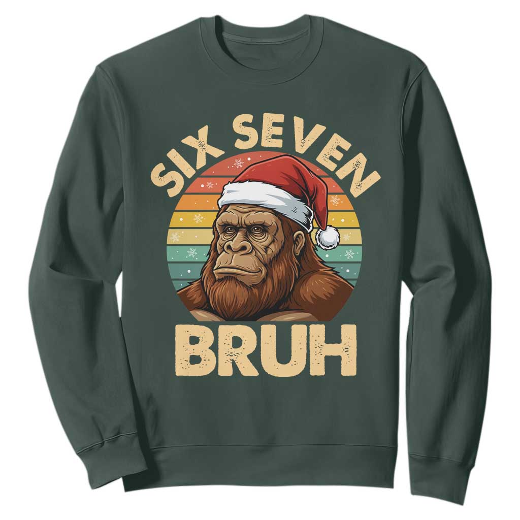 Six Seven Bruh Meme Christmas Bigfoot Sweatshirt 67 Sasquatch Santa Retro Holiday TS02 Dark Forest Green Print Your Wear
