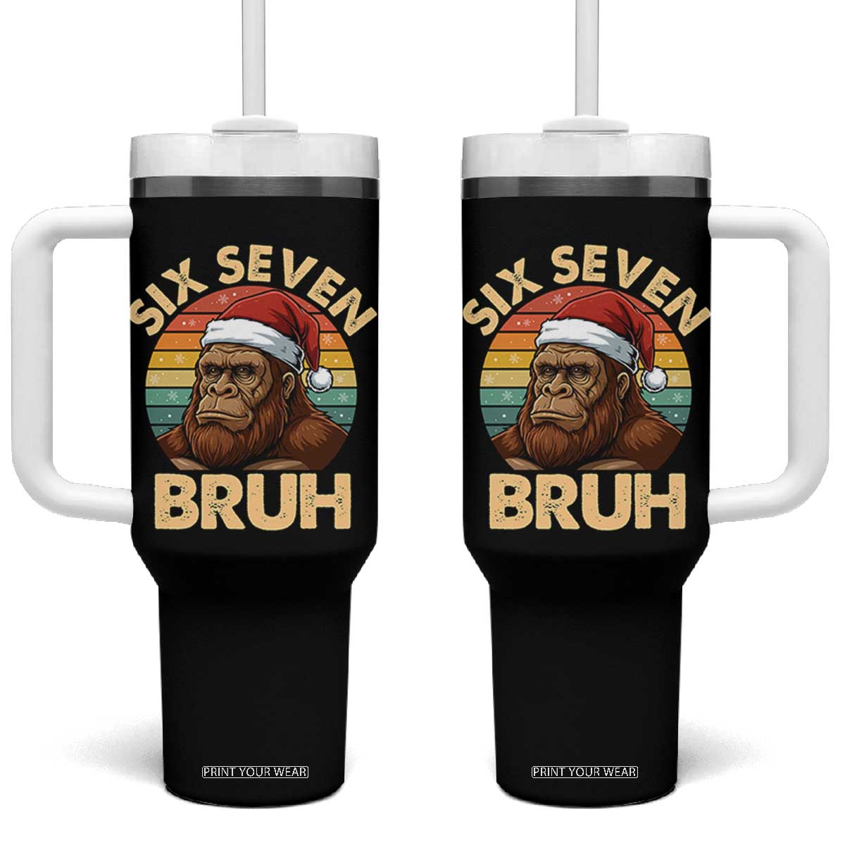Six Seven Bruh Meme Christmas Bigfoot Tumbler With Handle 67 Sasquatch Santa Retro Holiday TS02 One Size: 40 oz Black Print Your Wear