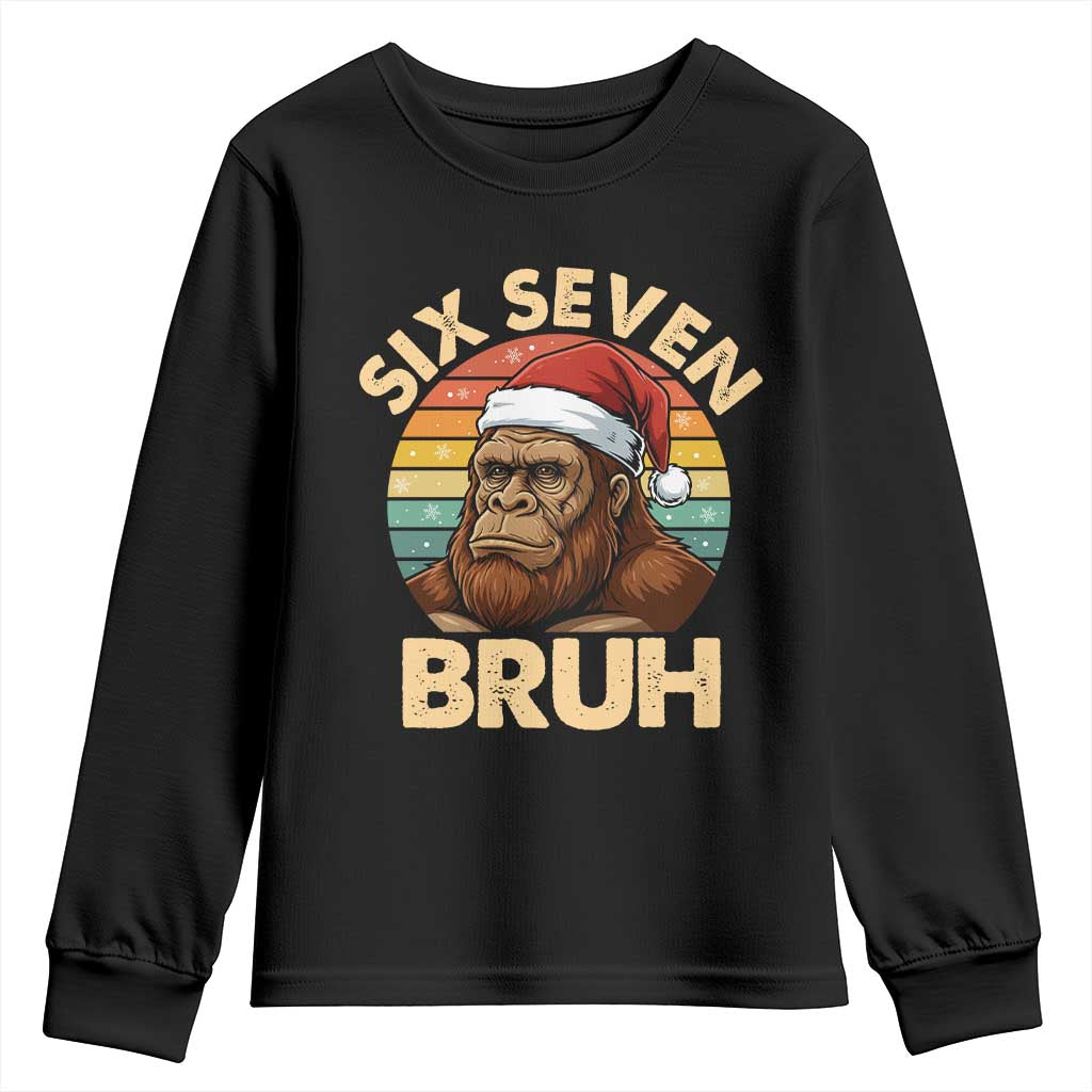 Six Seven Bruh Meme Christmas Bigfoot Youth Sweatshirt 67 Sasquatch Santa Retro Holiday - Print Your Wear