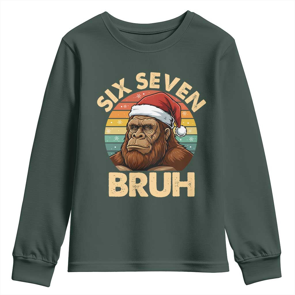 Six Seven Bruh Meme Christmas Bigfoot Youth Sweatshirt 67 Sasquatch Santa Retro Holiday TS02 Dark Forest Green Print Your Wear