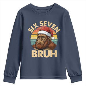Six Seven Bruh Meme Christmas Bigfoot Youth Sweatshirt 67 Sasquatch Santa Retro Holiday TS02 Navy Print Your Wear