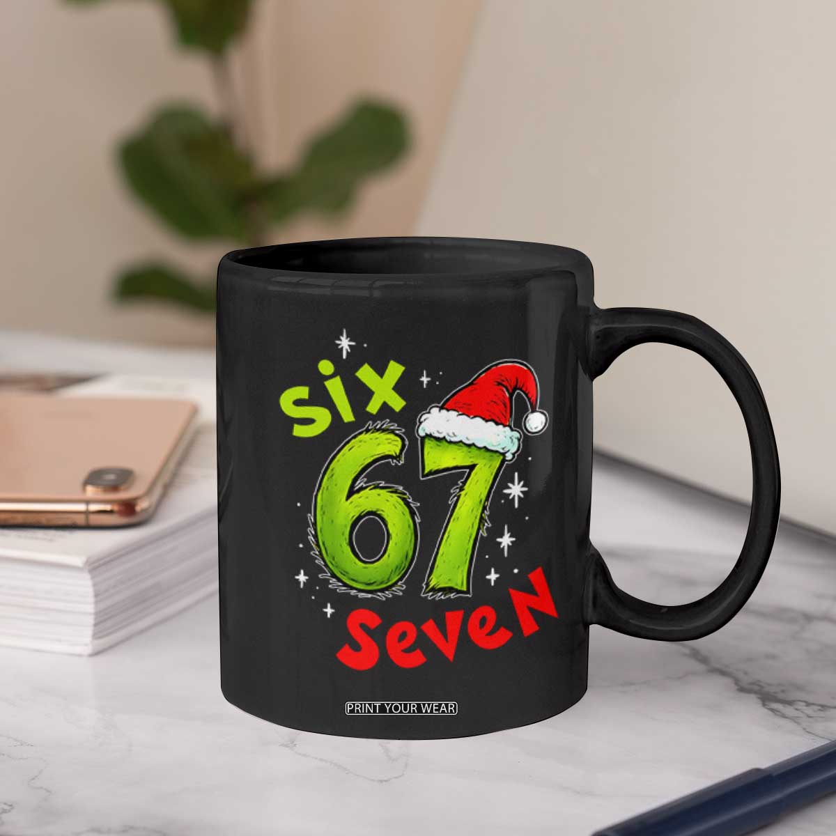 Six Seven Christmas Meme Coffee Mug Funny Green Grinchy 6 7 with Santa Hat TS02 Print Your Wear