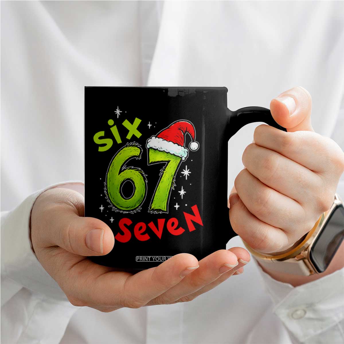 Six Seven Christmas Meme Coffee Mug Funny Green Grinchy 6 7 with Santa Hat TS02 Print Your Wear