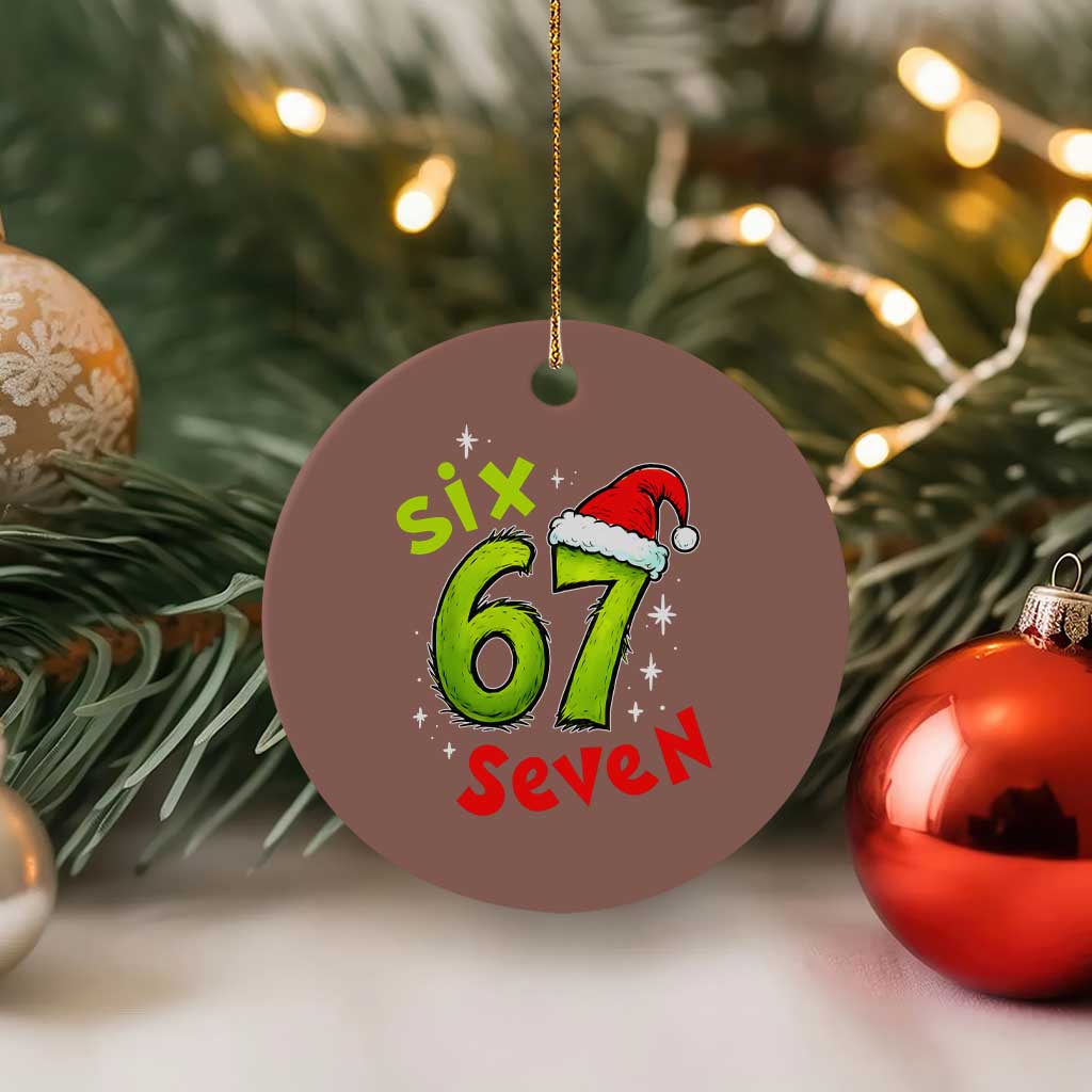 Six Seven Christmas Meme Ceramic Ornament Funny Green Grinchy 6 7 with Santa Hat TS02 1pc Mocha Print Your Wear