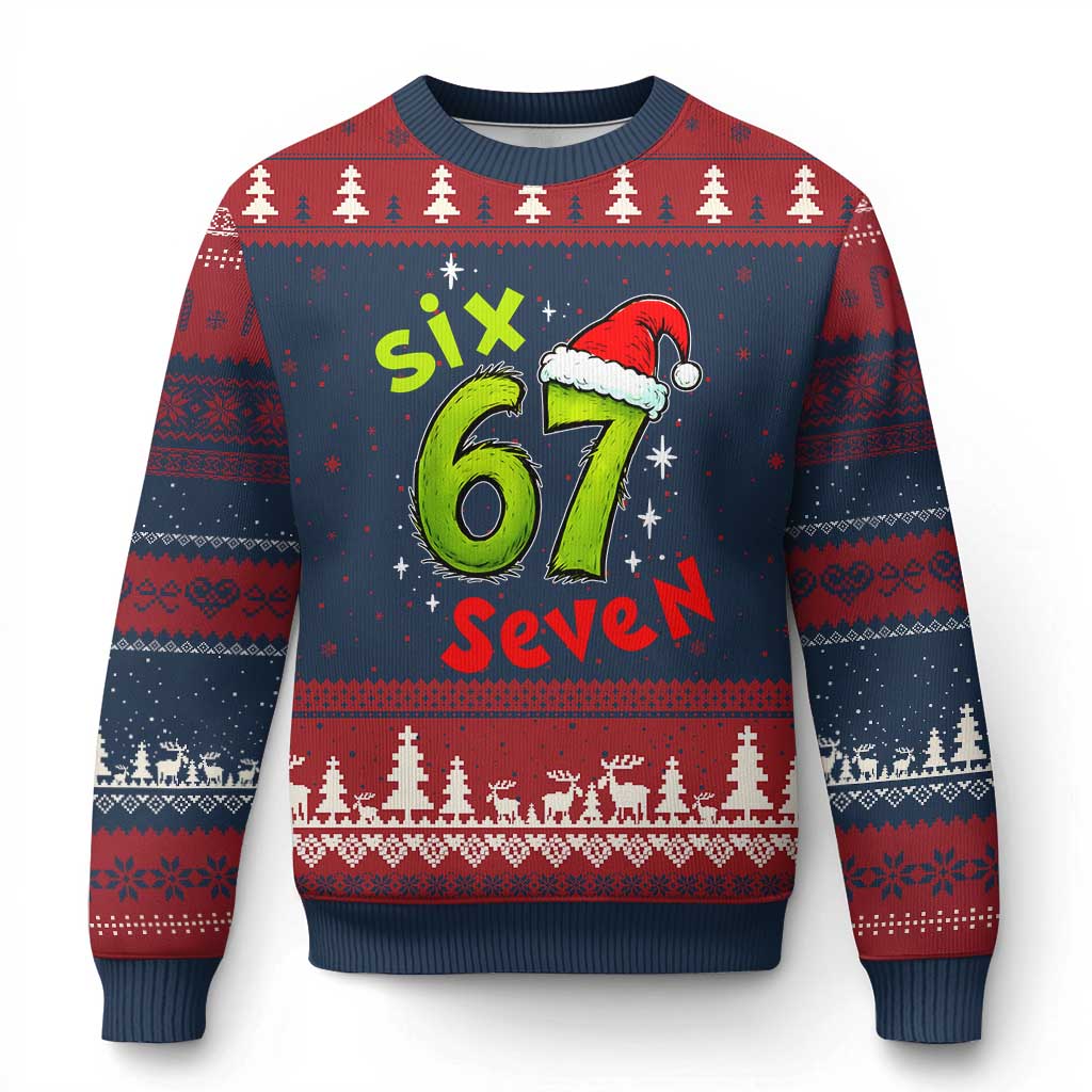 Six Seven Xmas Meme Ugly Christmas Sweater Funny Green Grinchy 6 7 with Santa Hat TS02 Navy Red Print Your Wear
