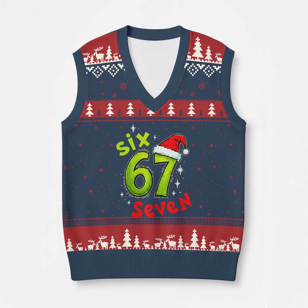 Six Seven Xmas Meme V-Neck Knit Sweater Vest Funny Green Grinchy 6 7 with Santa Hat TS02 Navy Red Print Your Wear