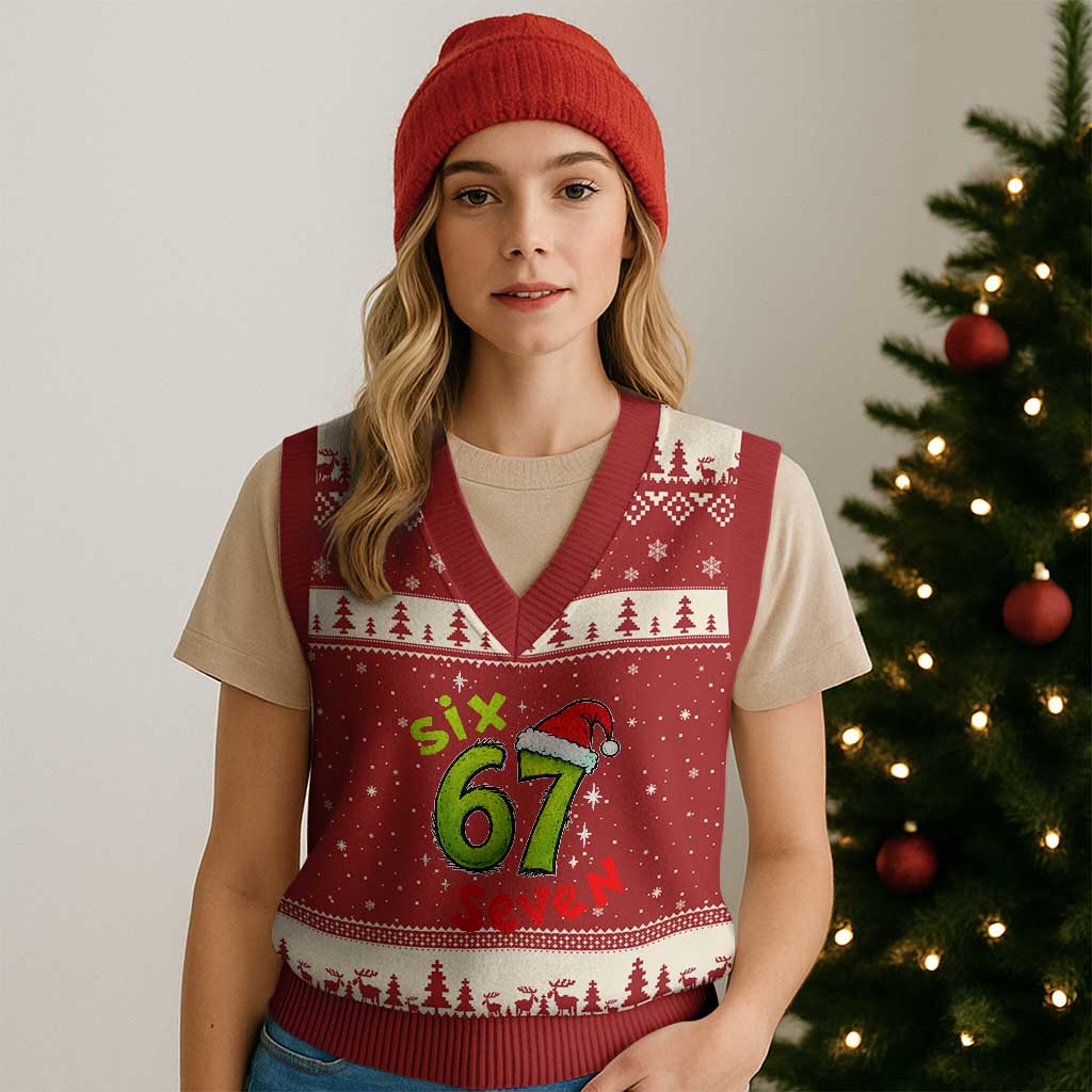 Six Seven Xmas Meme V-Neck Knit Sweater Vest Funny Green Grinchy 6 7 with Santa Hat TS02 Red Beige Print Your Wear