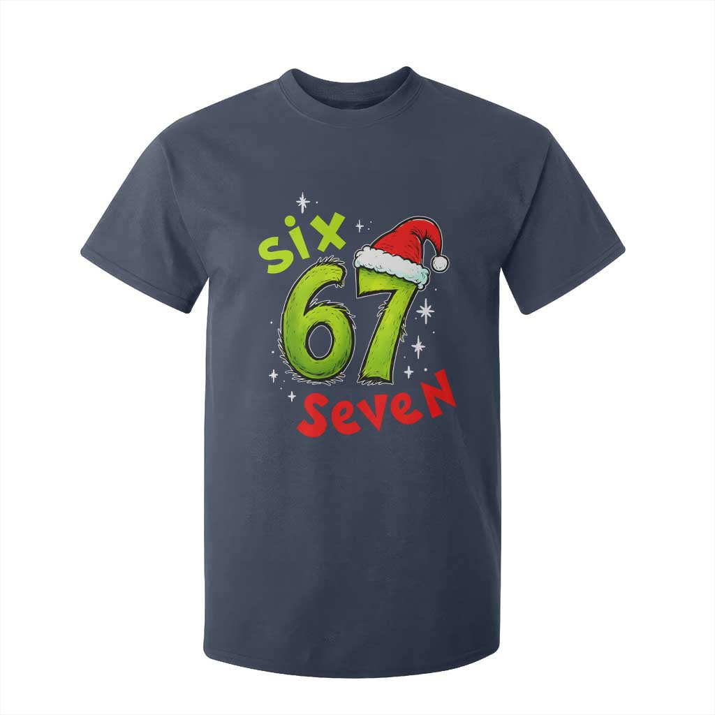 Six Seven Christmas Meme T Shirt For Kid Funny Green Grinchy 6 7 with Santa Hat TS02 Navy Print Your Wear