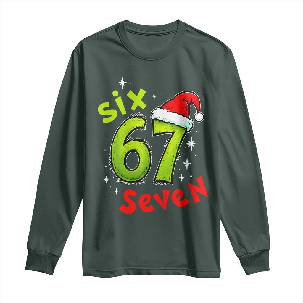 Six Seven Christmas Meme Long Sleeve Shirt Funny Green Grinchy 6 7 with Santa Hat TS02 Dark Forest Green Print Your Wear