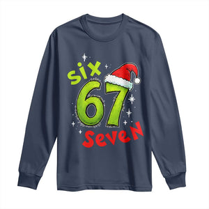 Six Seven Christmas Meme Long Sleeve Shirt Funny Green Grinchy 6 7 with Santa Hat TS02 Navy Print Your Wear
