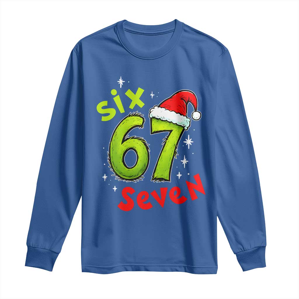 Six Seven Christmas Meme Long Sleeve Shirt Funny Green Grinchy 6 7 with Santa Hat TS02 Royal Blue Print Your Wear