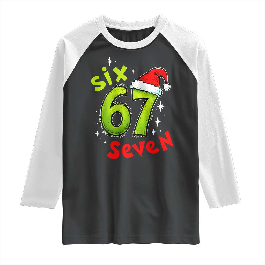 Six Seven Christmas Meme Raglan Shirt Funny Green Grinchy 6 7 with Santa Hat TS02 Black White Print Your Wear
