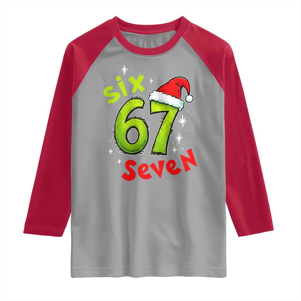 Six Seven Christmas Meme Raglan Shirt Funny Green Grinchy 6 7 with Santa Hat TS02 Sport Gray Red Print Your Wear
