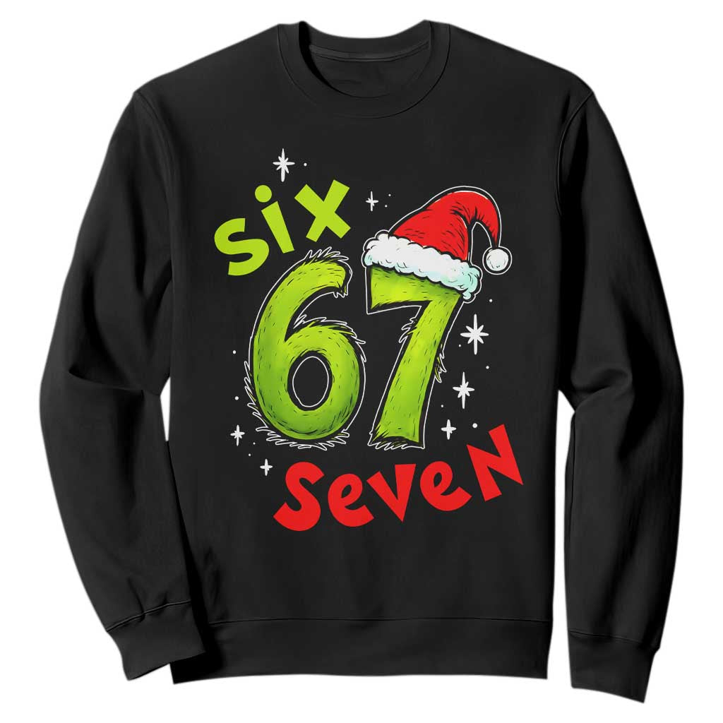 Six Seven Christmas Meme Sweatshirt Funny Green Grinchy 6 7 with Santa Hat - Print Your Wear