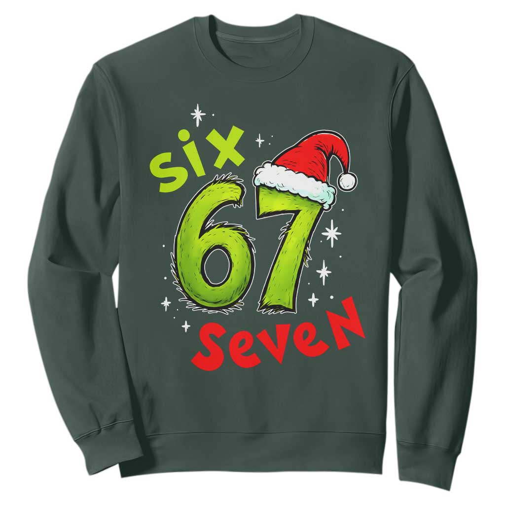 Six Seven Christmas Meme Sweatshirt Funny Green Grinchy 6 7 with Santa Hat TS02 Dark Forest Green Print Your Wear