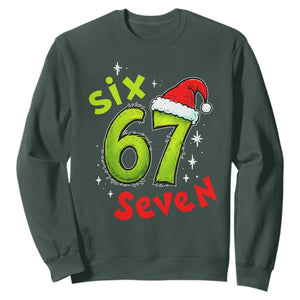 Six Seven Christmas Meme Sweatshirt Funny Green Grinchy 6 7 with Santa Hat TS02 Dark Forest Green Print Your Wear