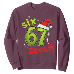 Six Seven Christmas Meme Sweatshirt Funny Green Grinchy 6 7 with Santa Hat TS02 Maroon Print Your Wear