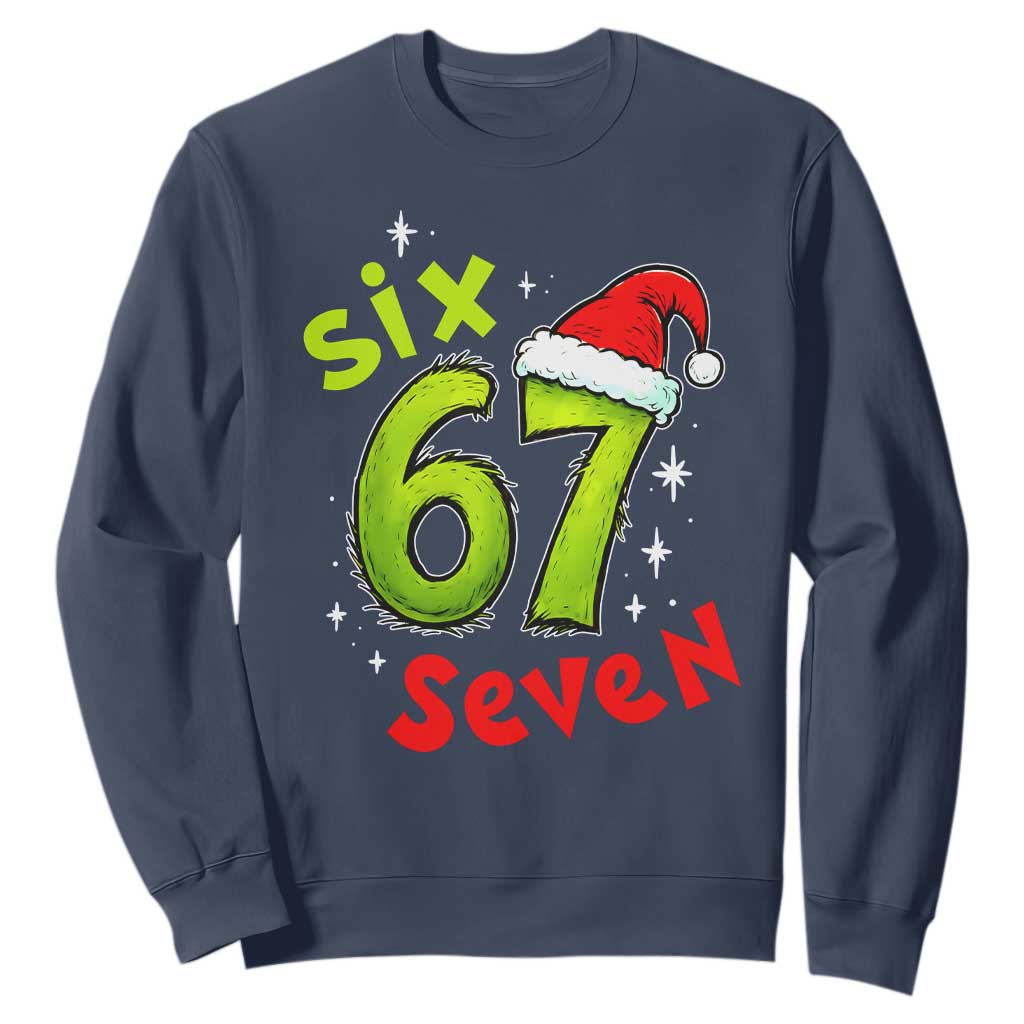 Six Seven Christmas Meme Sweatshirt Funny Green Grinchy 6 7 with Santa Hat TS02 Navy Print Your Wear