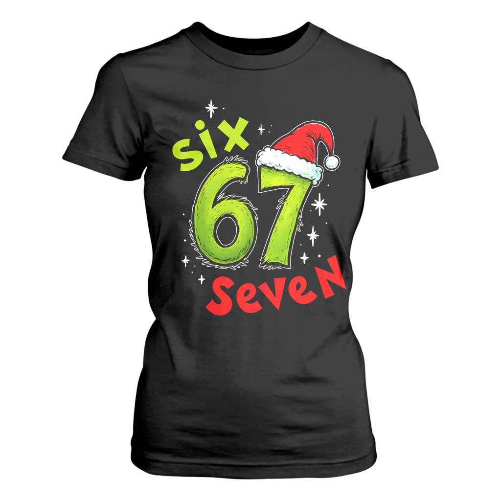 Six Seven Christmas Meme T Shirt For Women Funny Green Grinchy 6 7 with Santa Hat - Print Your Wear