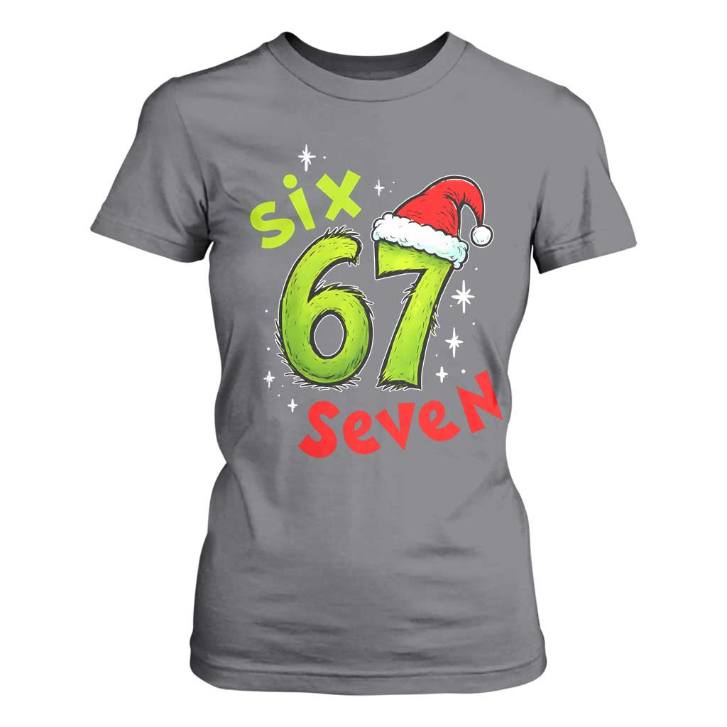 Six Seven Christmas Meme T Shirt For Women Funny Green Grinchy 6 7 with Santa Hat TS02 Charcoal Print Your Wear