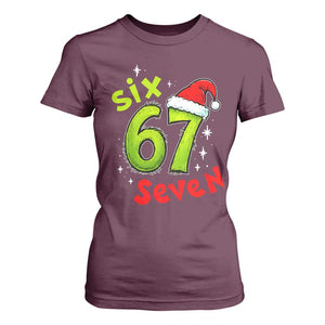 Six Seven Christmas Meme T Shirt For Women Funny Green Grinchy 6 7 with Santa Hat TS02 Maroon Print Your Wear