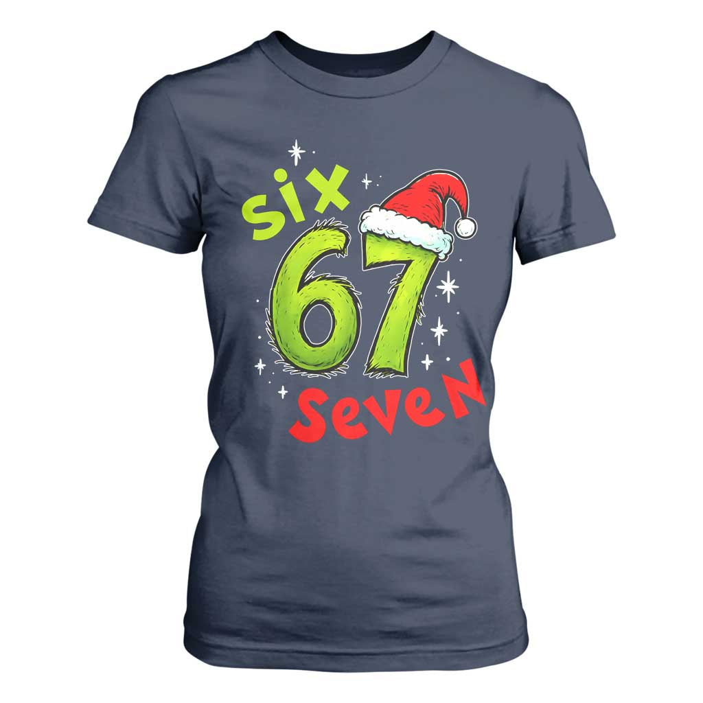 Six Seven Christmas Meme T Shirt For Women Funny Green Grinchy 6 7 with Santa Hat TS02 Navy Print Your Wear