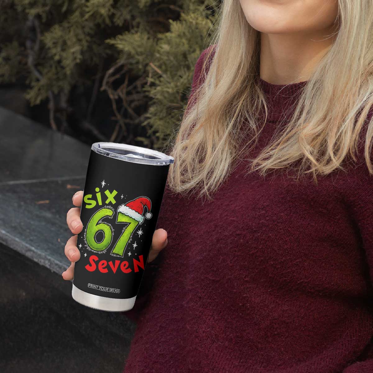 Six Seven Christmas Meme Tumbler Cup Funny Green Grinchy 6 7 with Santa Hat TS02 Print Your Wear