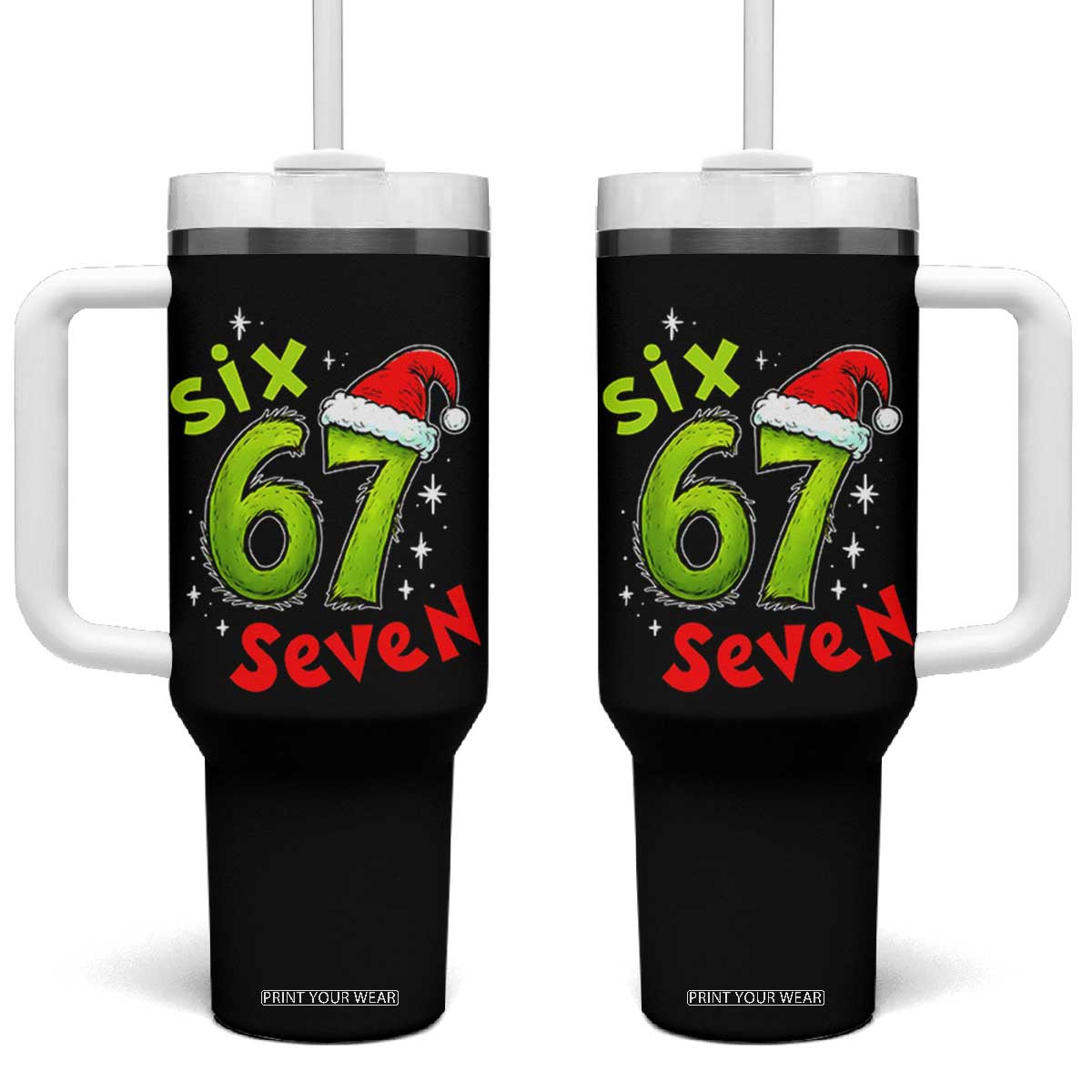 Six Seven Christmas Meme Tumbler With Handle Funny Green Grinchy 6 7 with Santa Hat TS02 One Size: 40 oz Black Print Your Wear