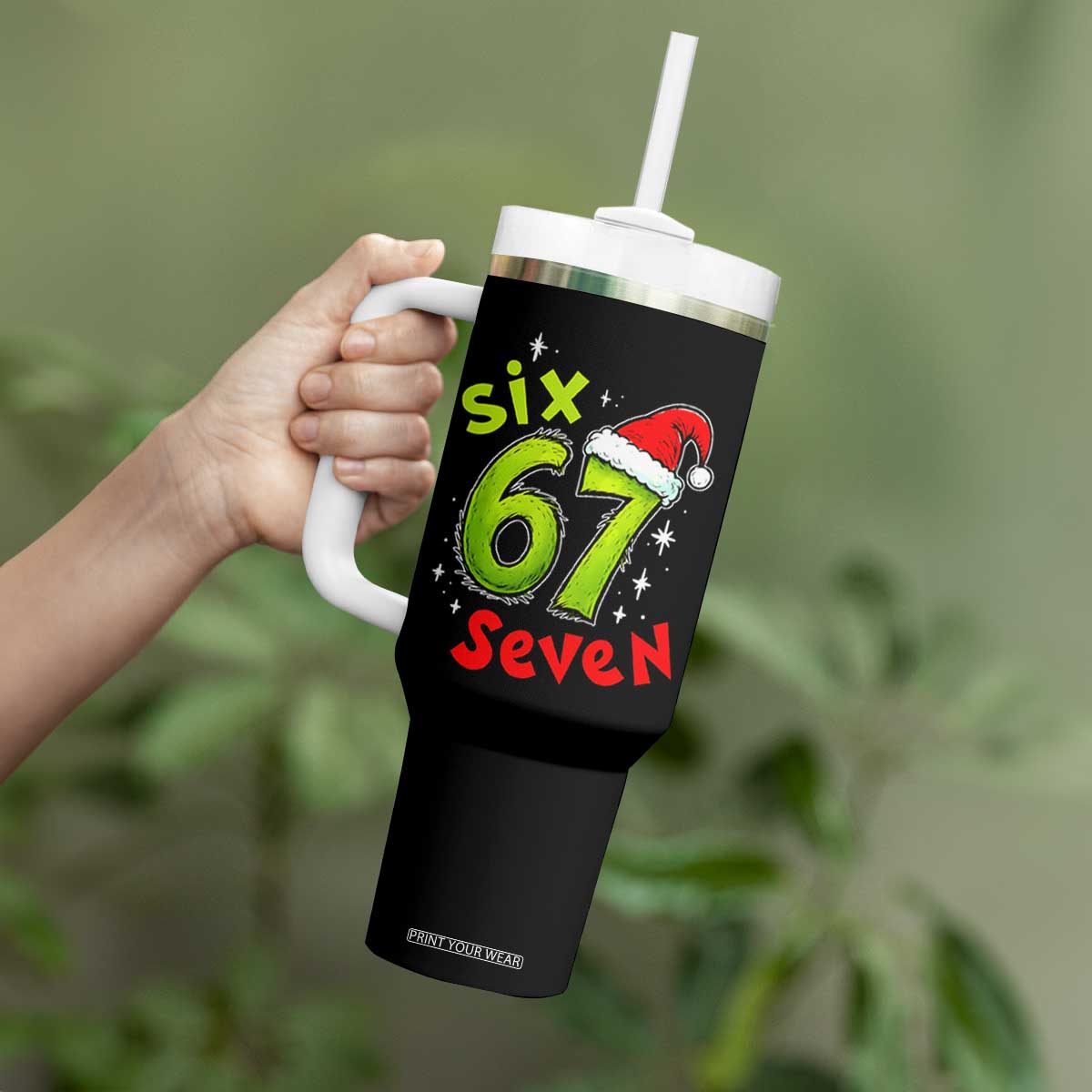Six Seven Christmas Meme Tumbler With Handle Funny Green Grinchy 6 7 with Santa Hat TS02 Print Your Wear