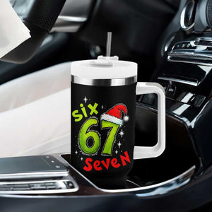 Six Seven Christmas Meme Tumbler With Handle Funny Green Grinchy 6 7 with Santa Hat TS02 Print Your Wear