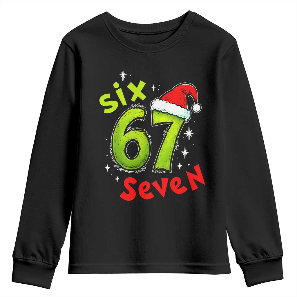 Six Seven Christmas Meme Youth Sweatshirt Funny Green Grinchy 6 7 with Santa Hat - Print Your Wear