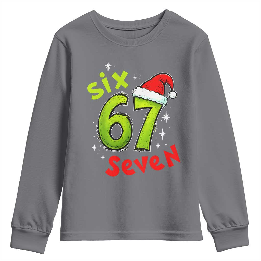 Six Seven Christmas Meme Youth Sweatshirt Funny Green Grinchy 6 7 with Santa Hat - Print Your Wear
