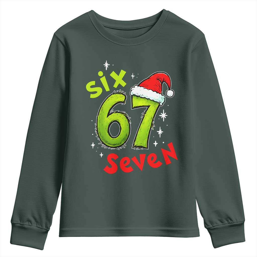 Six Seven Christmas Meme Youth Sweatshirt Funny Green Grinchy 6 7 with Santa Hat - Print Your Wear