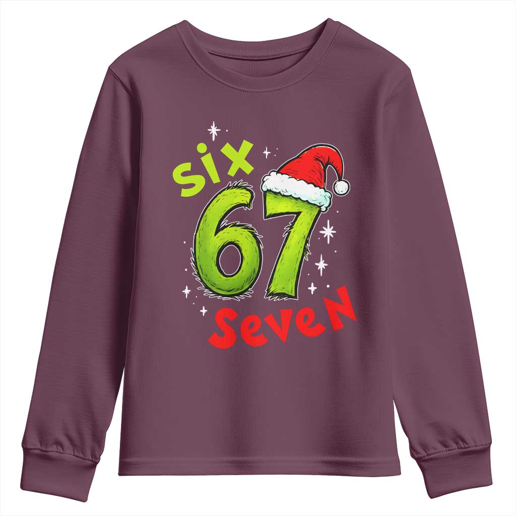 Six Seven Christmas Meme Youth Sweatshirt Funny Green Grinchy 6 7 with Santa Hat TS02 Maroon Print Your Wear
