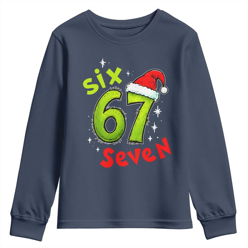 Six Seven Christmas Meme Youth Sweatshirt Funny Green Grinchy 6 7 with Santa Hat TS02 Navy Print Your Wear