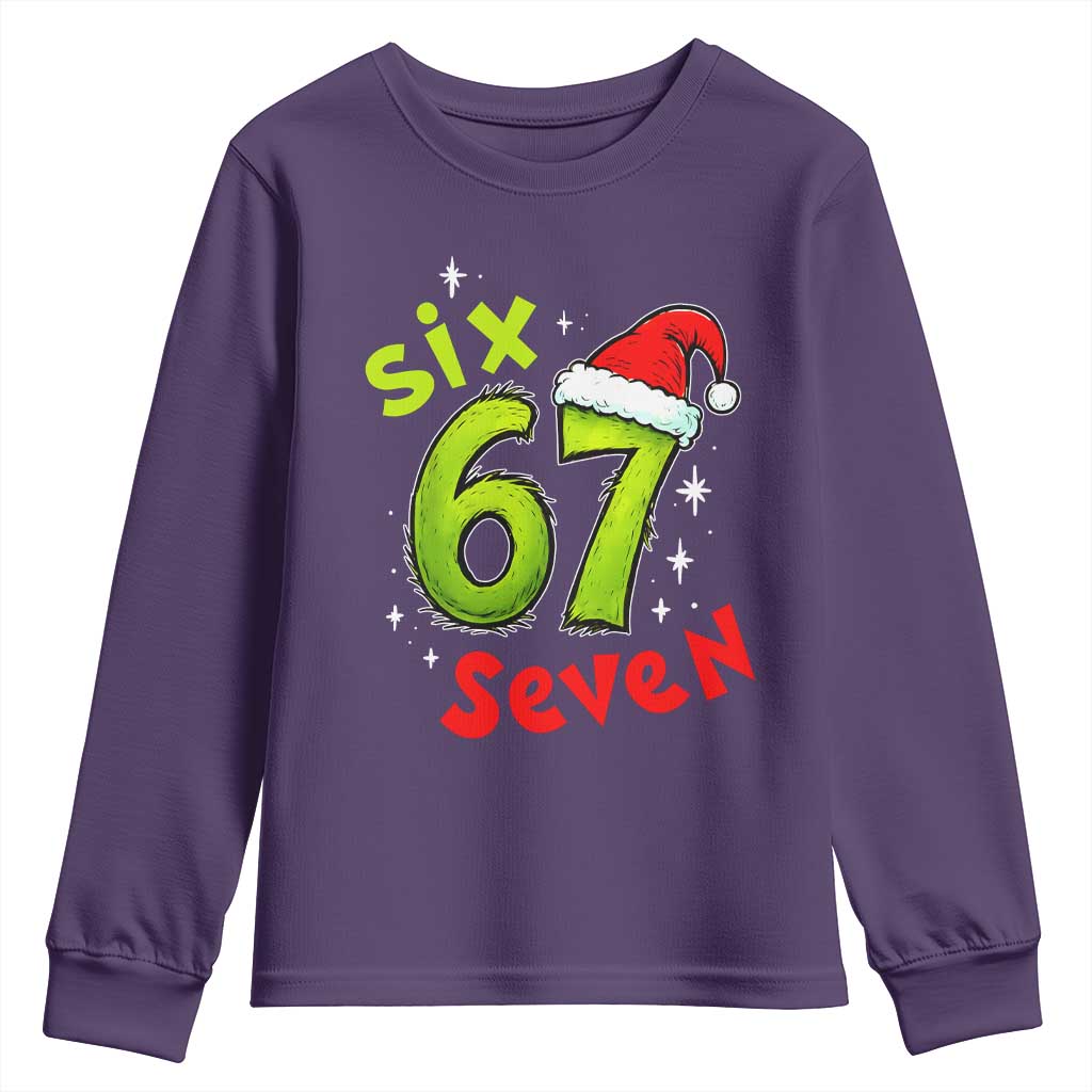 Six Seven Christmas Meme Youth Sweatshirt Funny Green Grinchy 6 7 with Santa Hat - Print Your Wear