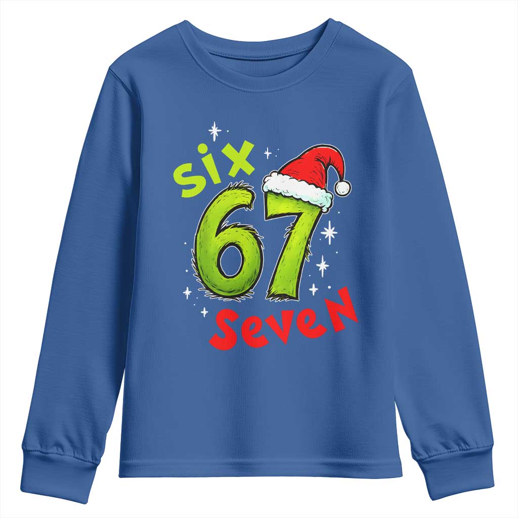 Six Seven Christmas Meme Youth Sweatshirt Funny Green Grinchy 6 7 with Santa Hat - Print Your Wear