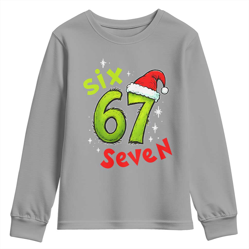 Six Seven Christmas Meme Youth Sweatshirt Funny Green Grinchy 6 7 with Santa Hat - Print Your Wear