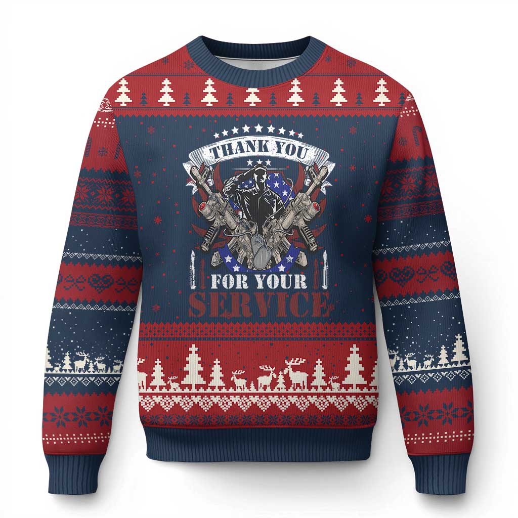 Patriotic Memorial Day Ugly Christmas Sweater Thank You For Your Service Veterans Remembrance TS02 Navy Red Print Your Wear