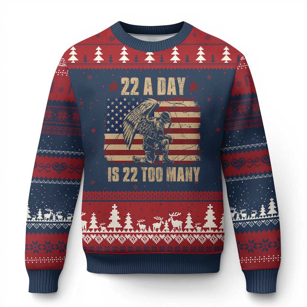 American Veteran Ugly Christmas Sweater 22 A Day Is 22 Too Many Veteran Lives Matter TS02 Navy Red Print Your Wear