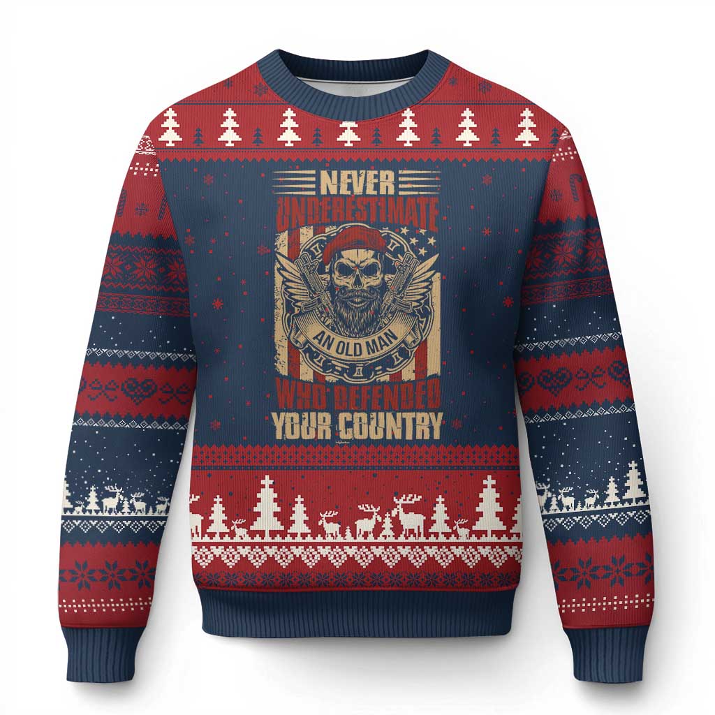 American Veteran Ugly Christmas Sweater Never Underestimate An Old Man Who Defended Your Country TS02 Navy Red Print Your Wear
