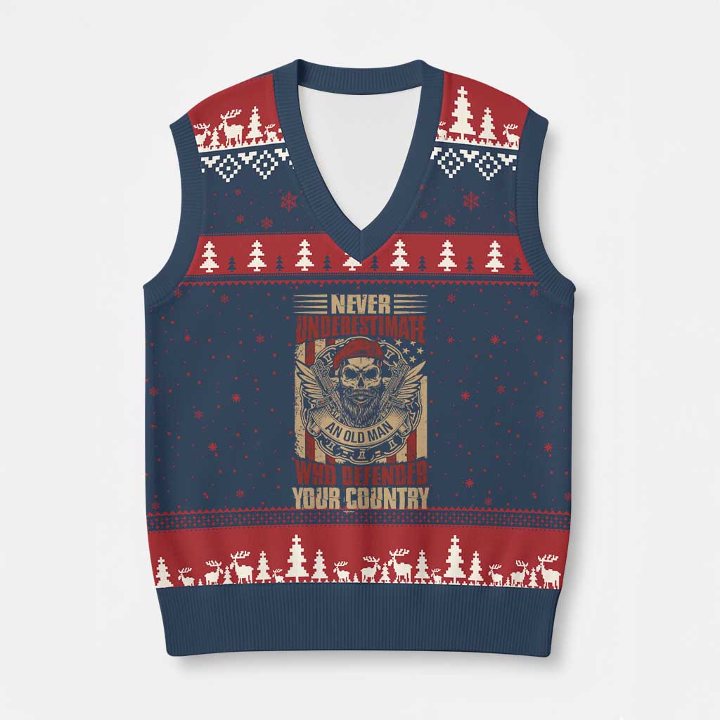 American Veteran V-Neck Knit Sweater Vest Never Underestimate An Old Man Who Defended Your Country TS02 Navy Red Print Your Wear