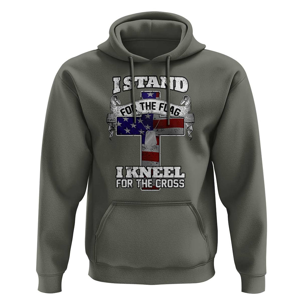 Patriotic Christian Hoodie I Stand For The Flag I Kneel For The Cross God American Flag Dog Tag TS02 Military Green Print Your Wear
