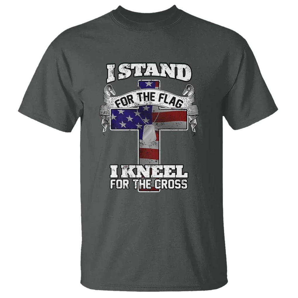 Patriotic Christian T Shirt I Stand For The Flag I Kneel For The Cross God American Flag Dog Tag TS02 Dark Heather Print Your Wear