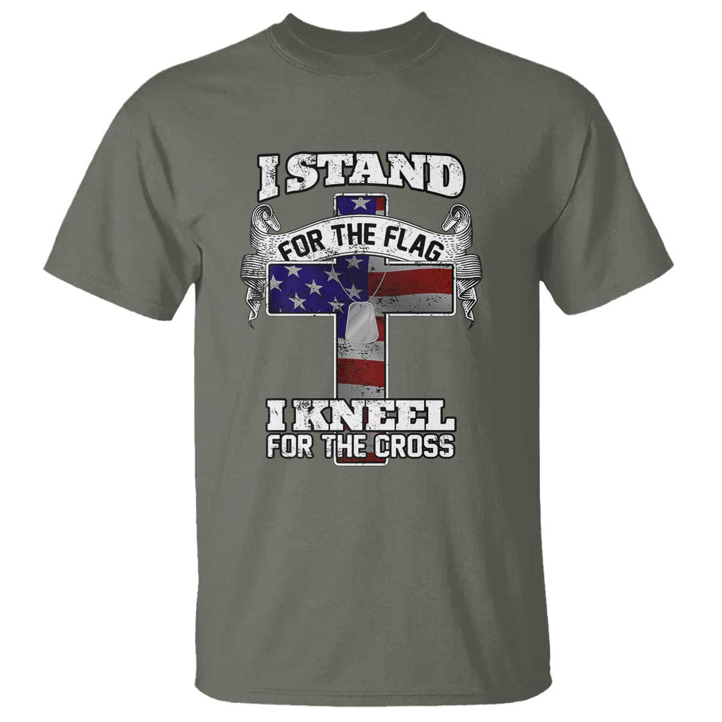 Patriotic Christian T Shirt I Stand For The Flag I Kneel For The Cross God American Flag Dog Tag TS02 Military Green Print Your Wear
