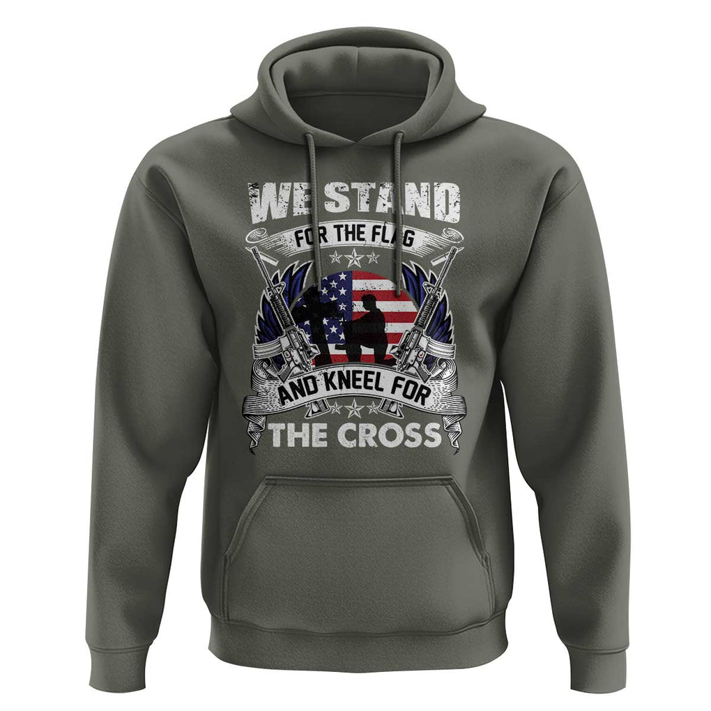 Patriotic Christian Hoodie We Stand For The Flag And Kneel For The Cross Faith American Flag TS02 Military Green Print Your Wear