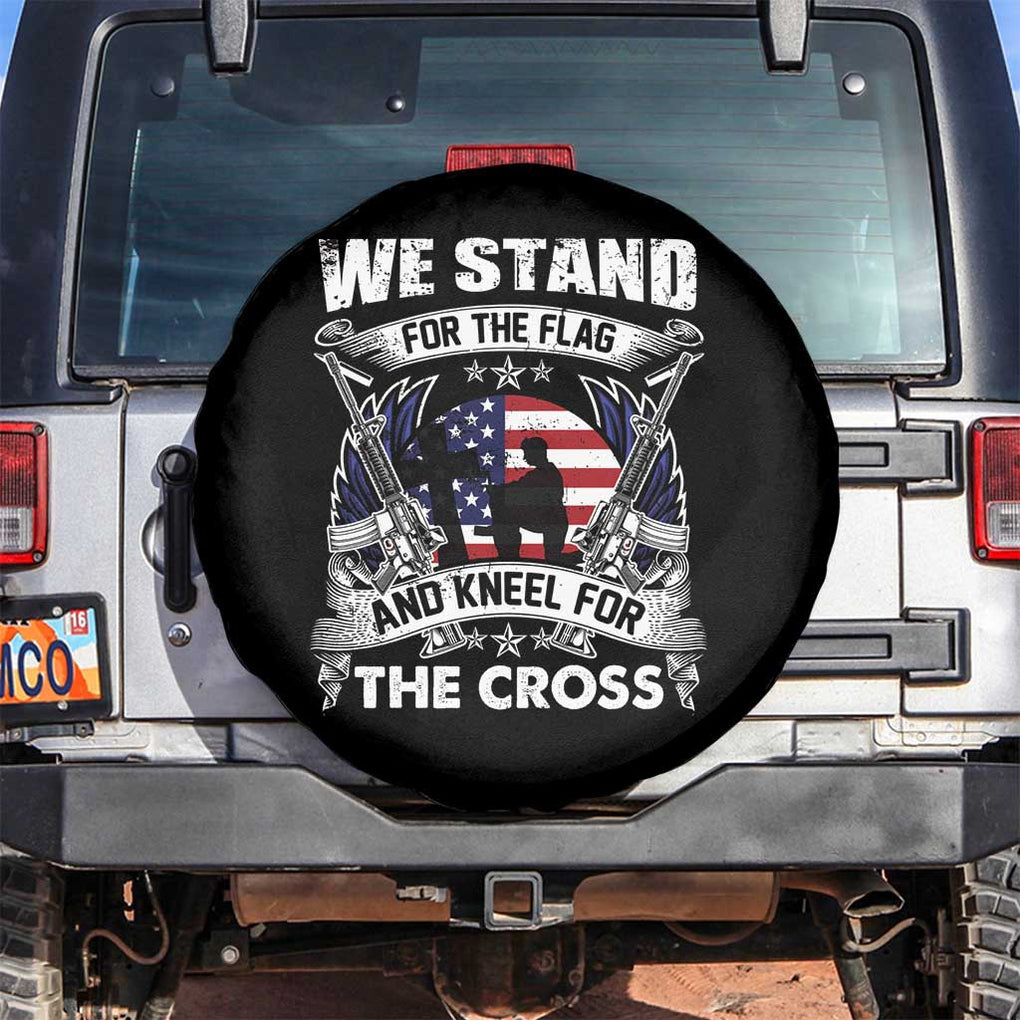 Patriotic Christian Spare Tire Cover We Stand For The Flag And Kneel For The Cross Faith American Flag TS02 No hole Black Print Your Wear
