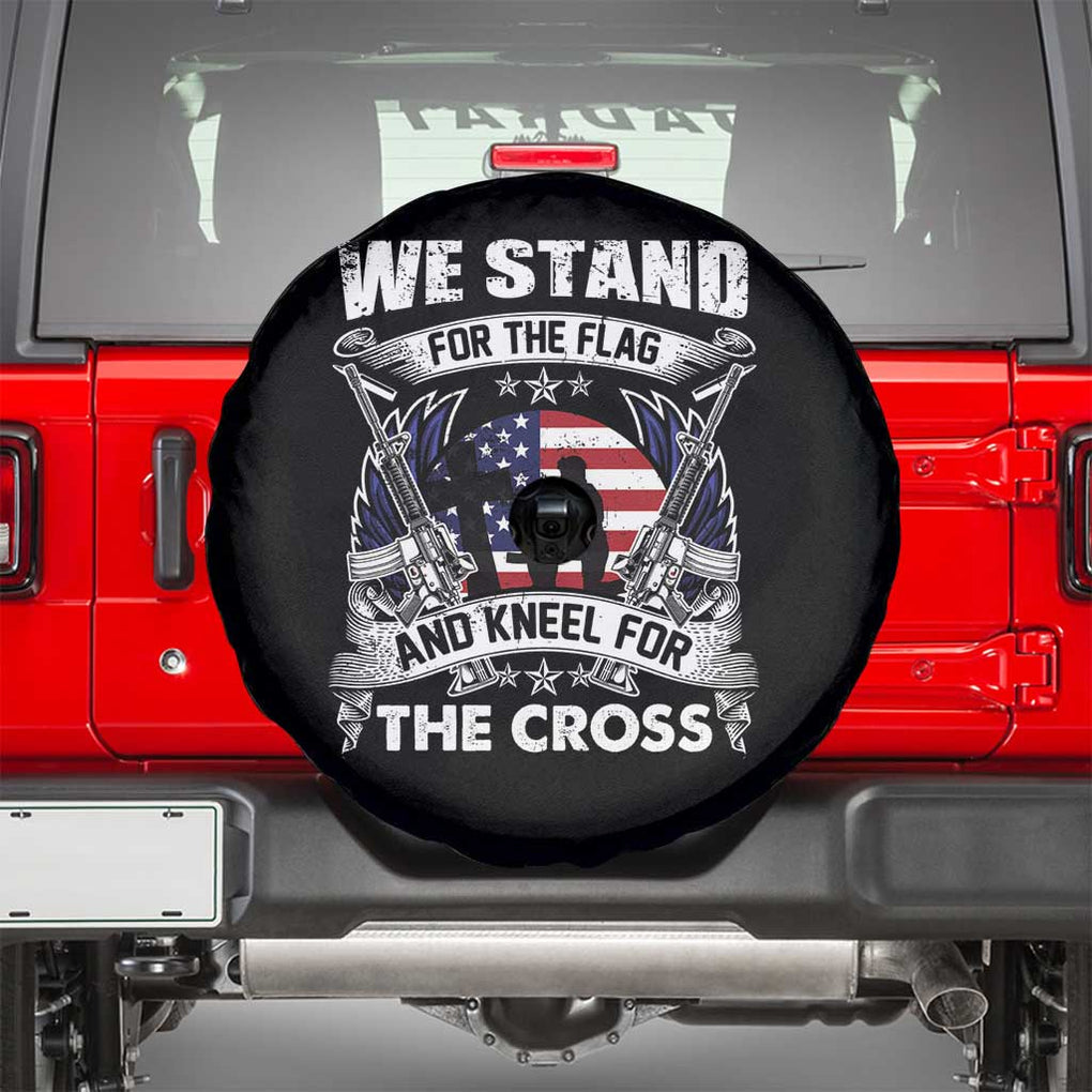 Patriotic Christian Spare Tire Cover We Stand For The Flag And Kneel For The Cross Faith American Flag TS02 Black Print Your Wear