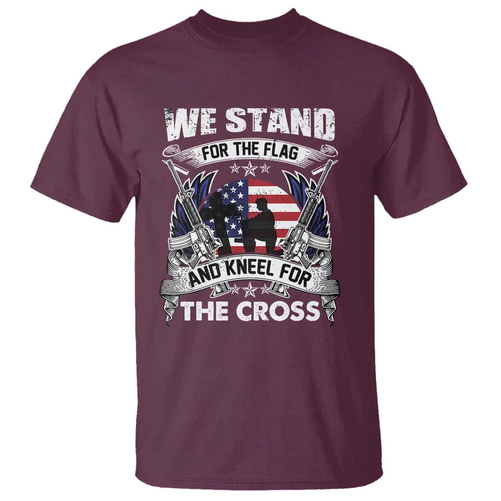 Patriotic Christian T Shirt We Stand For The Flag And Kneel For The Cross Faith American Flag TS02 Maroon Print Your Wear