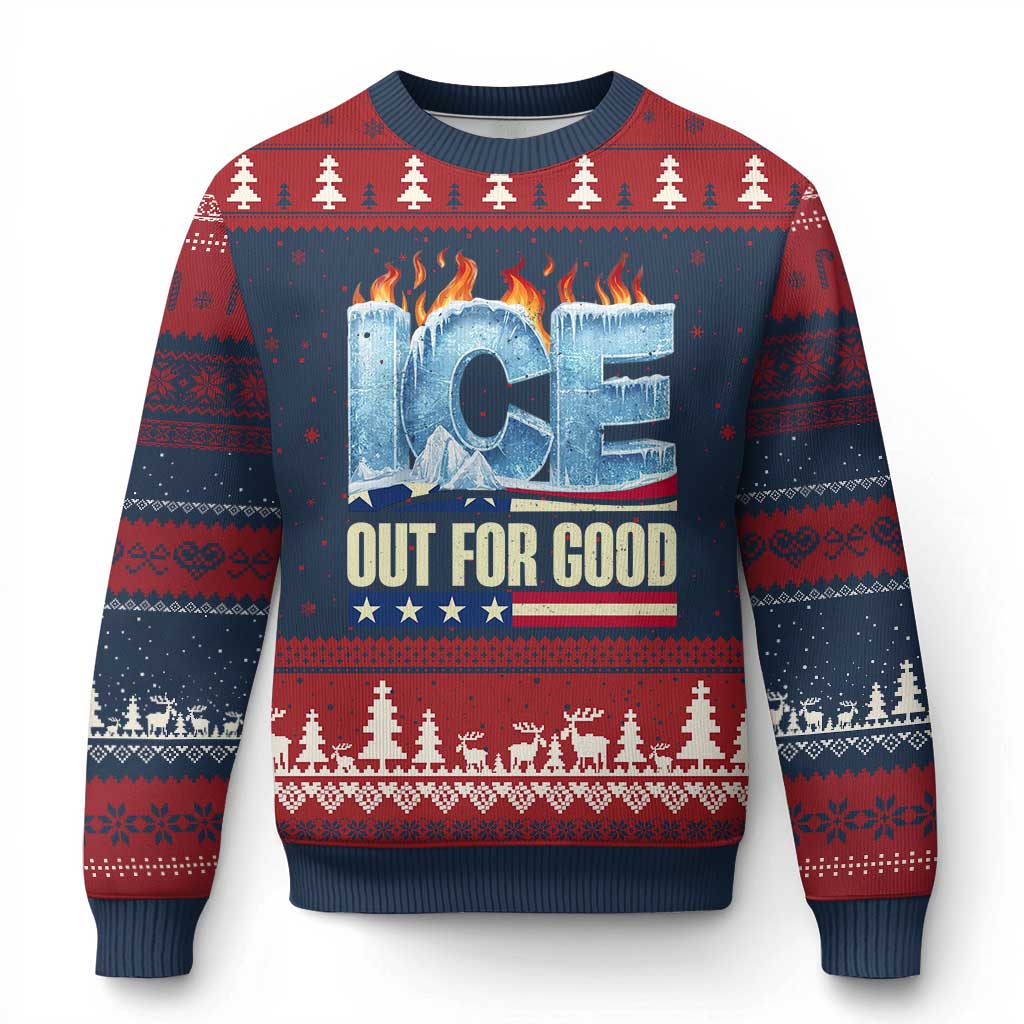 Ice Out For Good Patriotic Protest Ugly Christmas Sweater Patriotic Burn Ice Justice Political Resistance TS02 Navy Red Print Your Wear